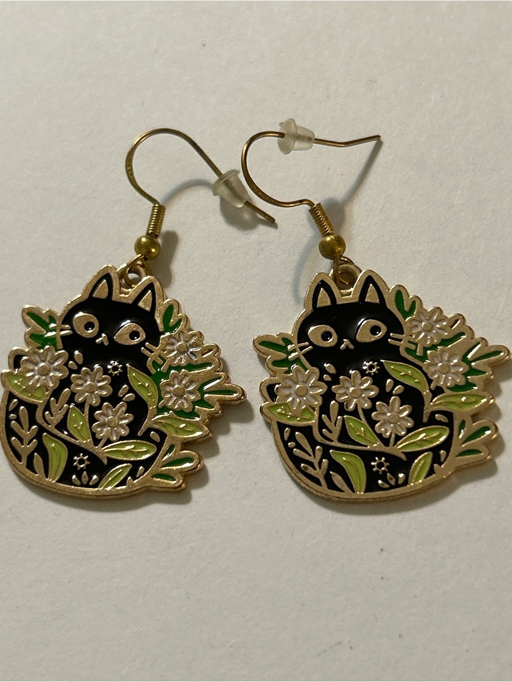 Boho Cottagecore Black Cat Floral Enamel Drop Earrings